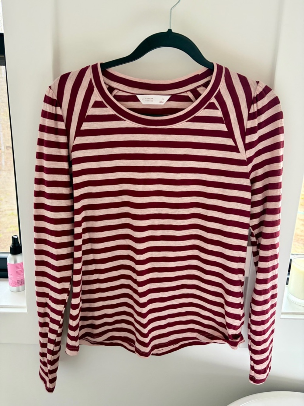NEW French Girl Raglan Striped Long Sleeve Tee in Burgundy/Maroon and Pink -S